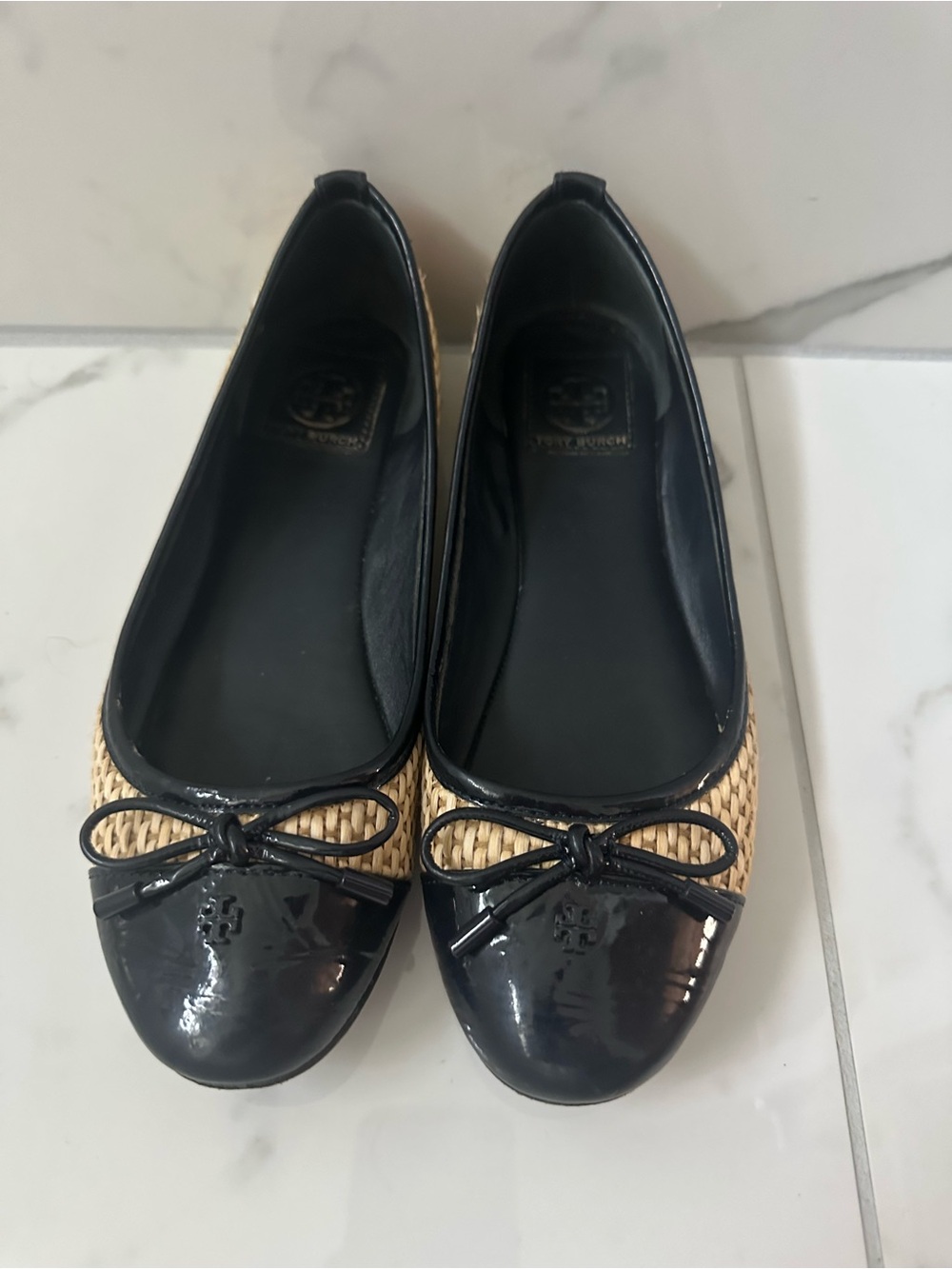 Tory Burch Navy Patent & Tan Woven Ballet Flats